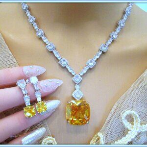 18K White gold Over lab created  huge yellow diamond ladies Party Wedding set